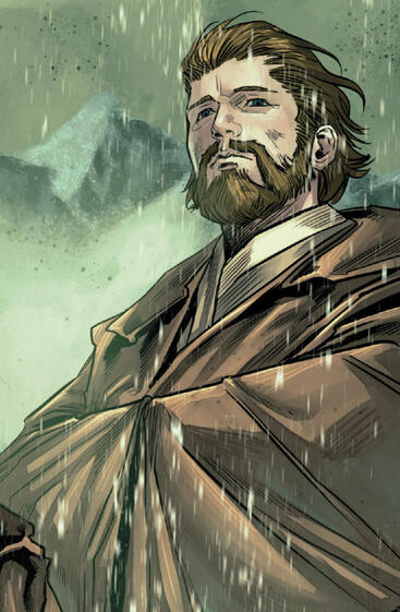 Obi-Wan in his standard Jedi cloak standing in the snow